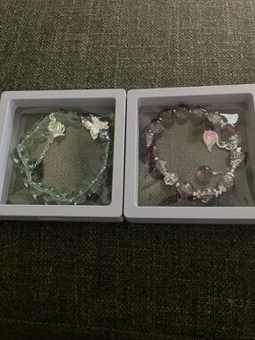 Green Bead Bracelet with Silver Heart and Butterfly Charms